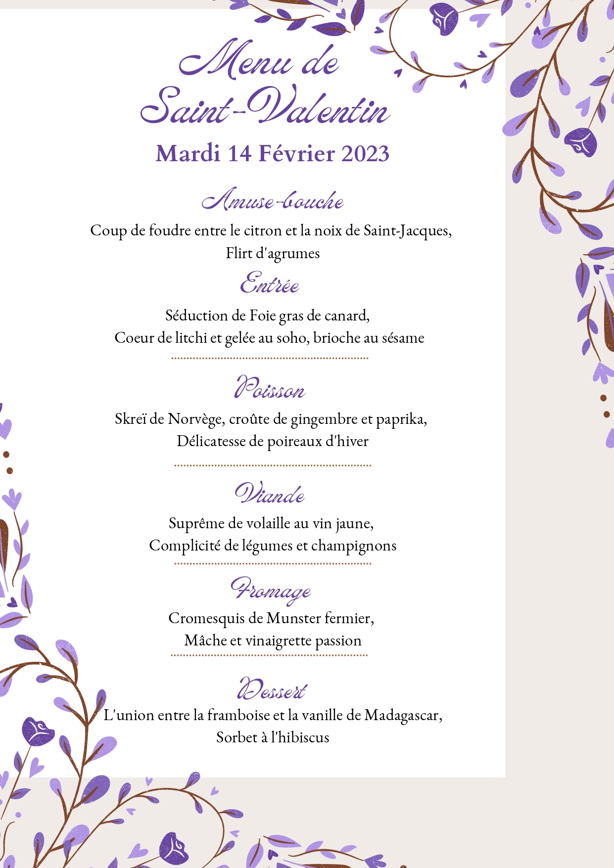 Menu de la Saint-Valentin 2023, Hôtel Spa les Violettes