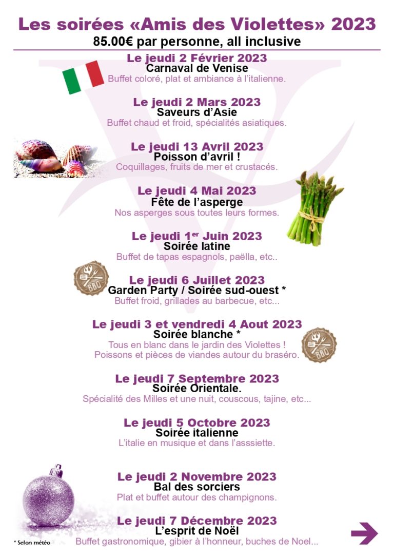Programme des soirées "Amis des Violettes" 2023